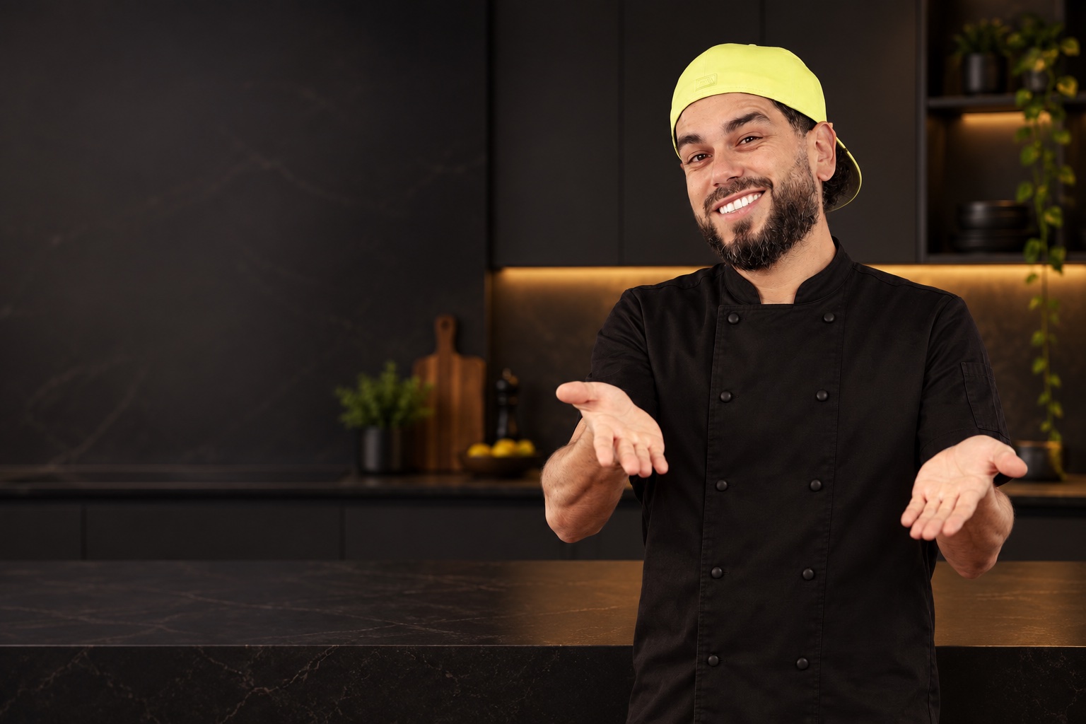 Care Leche con su gorro amarillo en una cocina oscura