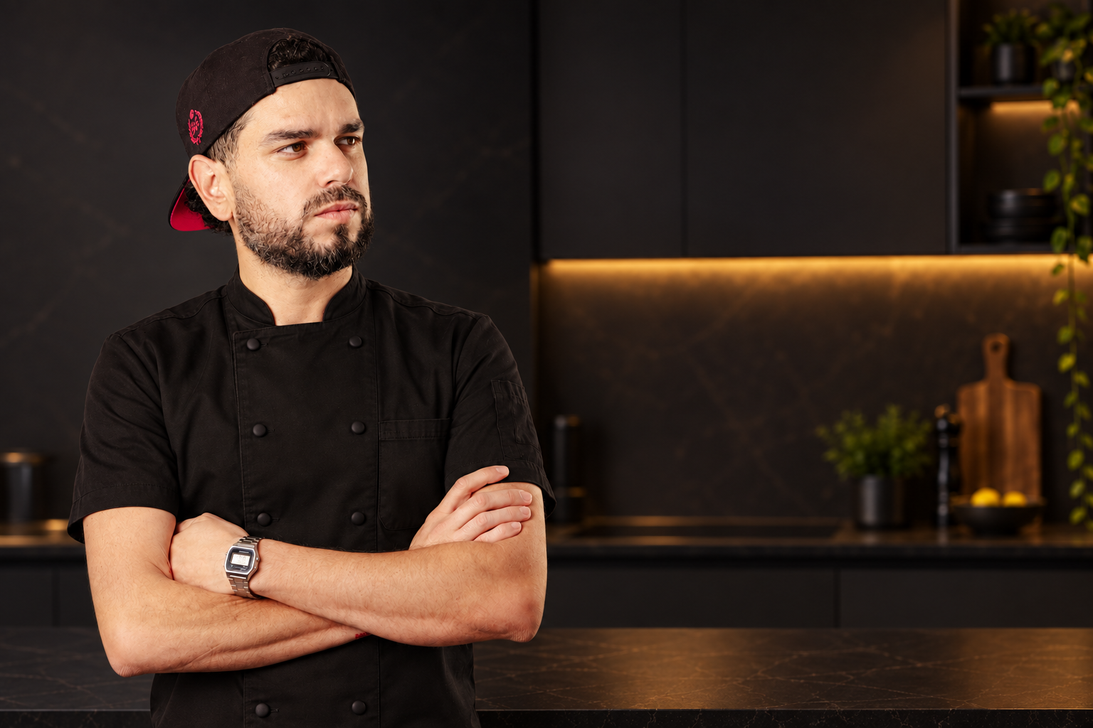 Care Leche con gorro negro y brazos cruzados en la cocina